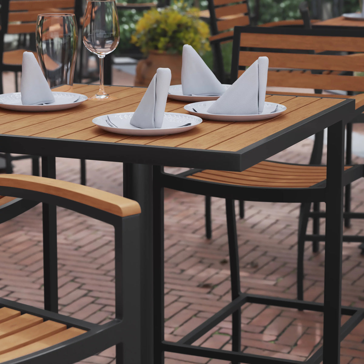 32" Square Outdoor Bar Height Table with Faux Teak Slats B4847