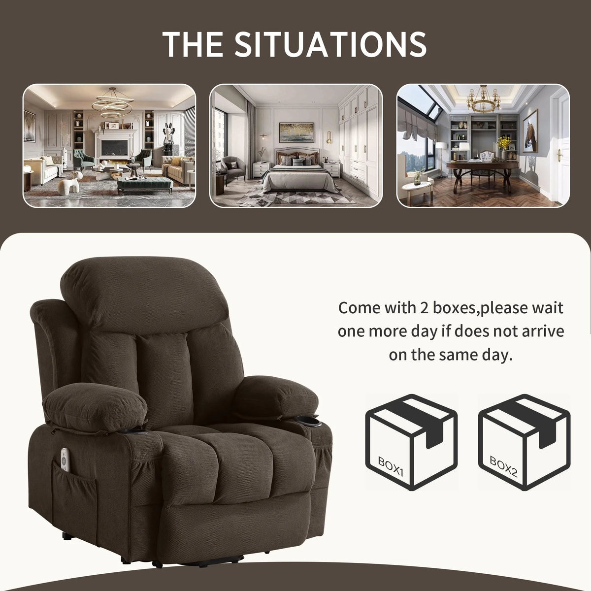 Brown PU Leather Power Lift Recliner Chair with Massage and Heating O355